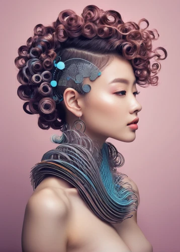 artificial hair integrations,mohawk hairstyle,asymmetric cut,oriental princess,japanese woman,asian woman,oriental girl,mohawk,hairstyle,cyberpunk,fantasy portrait,medusa,hair accessory,curlers,futuristic,streampunk,chinese style,coils,pompadour,asian vision,Conceptual Art,Daily,Daily 10