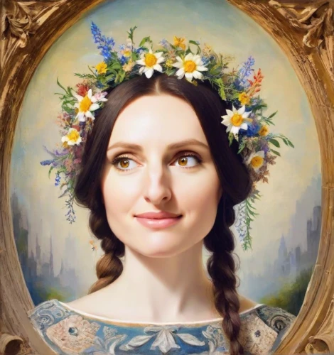 mona lisa,girl in flowers,the mona lisa,floral frame,portrait of a girl,marguerite,girl in a wreath,wreath of flowers,portrait of a woman,fantasy portrait,floral wreath,victoria,aubrietien,artist portrait,beautiful girl with flowers,flower crown of christ,portrait of christi,romantic portrait,portrait background,blooming wreath