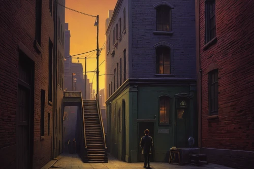 alleyway,alley,old linden alley,narrow street,blind alley,alley cat,rescue alley,laneway,evening atmosphere,the cobbled streets,greystreet,fire escape,street scene,the evening light,lamplighter,brownstone,birch alley,evening city,digital painting,street lights,Art,Artistic Painting,Artistic Painting 48