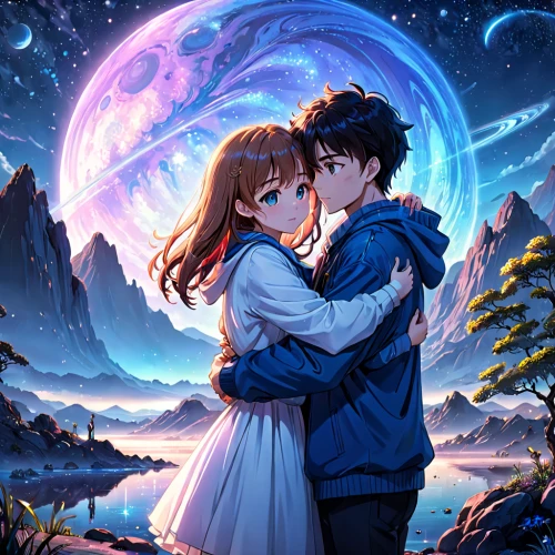 the moon and the stars,starry sky,hiyayakko,cg artwork,moon and star background,the night sky,romantic scene,night sky,falling stars,honeymoon,boy and girl,moon and star,world end,stargazing,tsumugi kotobuki k-on,celestial bodies,dream world,romantic portrait,astronomical,prism ball,Anime,Anime,General