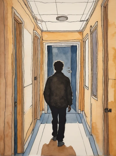 watercolor sketch,hallway,walking man,elderly man,watercolor painting,watercolor paper,watercolor,hallway space,a pedestrian,cancer drawing,pedestrian,watercolor paris,therapy room,patient,nursing home,pensioner,quitting time,passepartout,watercolor background,thoroughfare,Illustration,Paper based,Paper Based 22