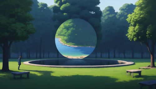 panoramical,circle around tree,circle,a circle,landscape background,virtual landscape,floating stage,mirror in the meadow,background vector,backgrounds,orb,round hut,3d background,arc,spheres,sphere,swim ring,floating island,glass sphere,art background,Illustration,Realistic Fantasy,Realistic Fantasy 07