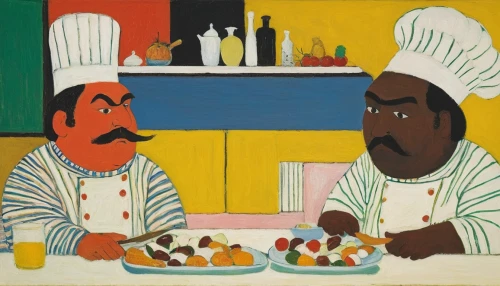 chefs,cooks,chef,folk art,cooking book cover,sicilian cuisine,khokhloma painting,gastronomy,cookery,men chef,chef hats,black couple,chefs kitchen,bahian cuisine,boudin,bistro,southern cooking,anellini,mediterranean cuisine,cooking show,Art,Artistic Painting,Artistic Painting 09