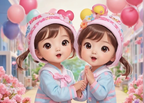 pink balloons,cute cartoon image,little girls,doll's festival,children's background,little girl with balloons,cute cartoon character,heart balloons,heart pink,valentine balloons,little girls walking,pink ribbon,two girls,hearts color pink,twin flowers,little boy and girl,doll looking in mirror,kawaii children,little angels,baloons,Illustration,Japanese style,Japanese Style 01