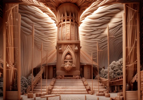 pipe organ,wooden church,stage design,wood carving,the throne,wooden construction,mandelbulb,sand sculptures,3d fantasy,the court sandalwood carved,throne,wood angels,hall of the fallen,theater curtain,stage curtain,celtic harp,theater stage,the manger,wood art,tabernacle
