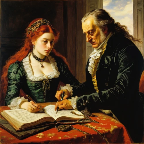 young couple,tutor,courtship,man and wife,girl studying,woman holding pie,tutoring,binding contract,children studying,as a couple,to write,romantic portrait,learn to write,autograph,a letter,meticulous painting,girl with dog,child writing on board,father with child,writing-book,Art,Classical Oil Painting,Classical Oil Painting 09