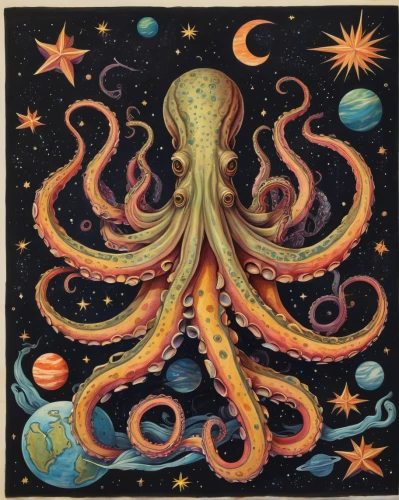 ophiuchus,cephalopod,octopus,cephalopods,kraken,giant squid,octopus tentacles,the zodiac sign pisces,tentacles,deep sea,tentacle,sea god,god of the sea,cnidaria,horoscope pisces,pink octopus,squid game card,fun octopus,astral traveler,star illustration,Art,Classical Oil Painting,Classical Oil Painting 33