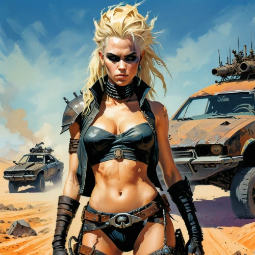 mad max,female warrior,sci fiction illustration,hard woman,barb wire,birds of prey,wasteland,warrior woman,post apocalyptic,femme fatale,desert fox,girl with gun,mercenary,renegade,sci fi,heavy armour,world digital painting,warthog,girl with a gun,game art,Conceptual Art,Fantasy,Fantasy 08