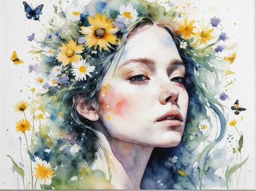 girl in flowers,flower painting,flower fairy,falling flowers,butterflies,butterfly floral,julia butterfly,watercolor painting,flora,wildflower,pollinate,digital painting,vanessa (butterfly),white butterflies,beautiful girl with flowers,watercolor,moths and butterflies,flower nectar,fantasy portrait,daisies,Illustration,Paper based,Paper Based 20