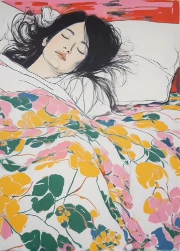 woman on bed,girl in bed,duvet cover,kimono fabric,bed linen,the sleeping rose,sleeping rose,japanese art,mari makinami,bed sheet,bedding,flower blanket,rose sleeping apple,woman laying down,quilt,duvet,comforter,sleeping apple,bed,sleeping beauty,Conceptual Art,Graffiti Art,Graffiti Art 06