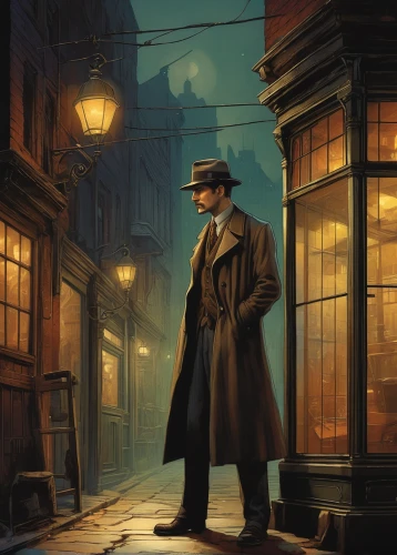 sherlock holmes,detective,holmes,investigator,lamplighter,overcoat,private investigator,gas lamp,sci fiction illustration,inspector,mystery book cover,frock coat,gunfighter,blind alley,sherlock,deadwood,trench coat,smooth criminal,fedora,bowler hat,Illustration,Abstract Fantasy,Abstract Fantasy 09