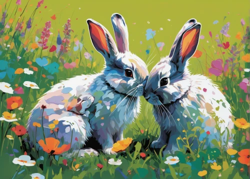 hares,rabbits,rabbits and hares,easter rabbits,bunnies,female hares,hare field,springtime background,hare,leveret,field hare,whimsical animals,hare trail,gray hare,rabbit family,easter background,cottontail,european rabbit,rabbit,hare's-foot-clover,Conceptual Art,Oil color,Oil Color 07