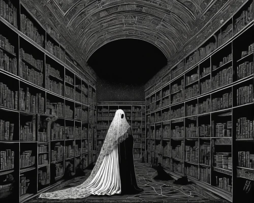 dead bride,bookstore,the angel with the veronica veil,bibliology,dance of death,conceptual photography,veil,celsus library,bridal clothing,open book,hall of the fallen,bookshop,the carnival of venice,haunted cathedral,book store,memento mori,aisle,books,national archives,bridal dress,Illustration,Black and White,Black and White 09