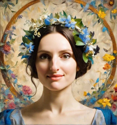 girl in flowers,girl in a wreath,beautiful girl with flowers,flower crown of christ,emile vernon,wreath of flowers,flower fairy,floral wreath,portrait of a girl,blooming wreath,bouguereau,fiori,jane austen,flora,flower painting,the angel with the veronica veil,baroque angel,fantasy portrait,floral garland,flower wreath