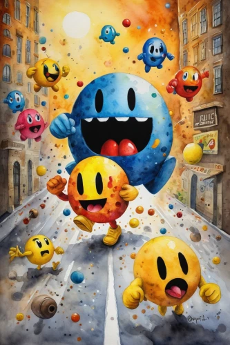 pac-man,pacman,mario bros,super mario brothers,emoji balloons,super mario,mario,game illustration,kirby,star balloons,emoji,game art,bath balls,cartoon video game background,yo-kai,game characters,emojis,solar system,rubber ducks,street party,Illustration,Paper based,Paper Based 24