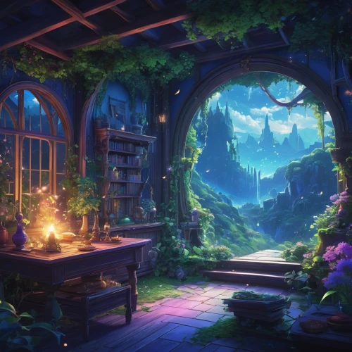 fantasy landscape,dandelion hall,fairy village,enchanted forest,fantasy picture,enchanted,hideaway,fairy world,summer cottage,a fairy tale,fairy tale,3d fantasy,evening atmosphere,witch's house,tearoom,house in the forest,fairy forest,fairytale,fantasy world,fairy tale castle,Illustration,Paper based,Paper Based 10
