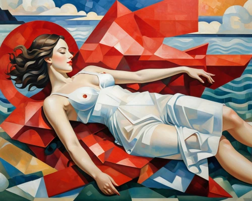 david bates,the sea maid,woman on bed,art deco woman,woman laying down,girl lying on the grass,girl on the boat,cubism,scarlet sail,siren,ocean liner,woman sitting,girl with cloth,red sail,sea breeze,regatta,sea fantasy,art deco,seafaring,flotation,Art,Artistic Painting,Artistic Painting 45