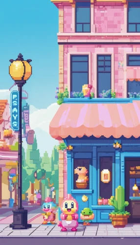 flower shop,pastry shop,shopkeeper,cake shop,ice cream shop,ice cream parlor,bakery,shopping street,colorful city,store fronts,flower stand,soda shop,store front,convenience store,retro diner,shops,pet shop,city corner,toy store,ice cream stand,Unique,Pixel,Pixel 02