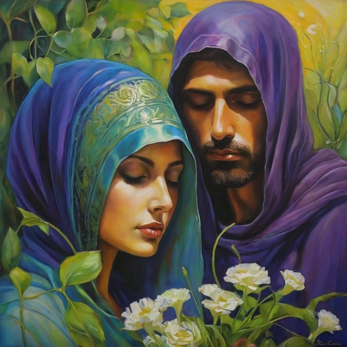oil painting on canvas,romantic portrait,persian poet,young couple,oil painting,la violetta,man and wife,orientalism,two people,art painting,beautiful couple,jasmine-flowered nightshade,man and woman,italian painter,holy family,couple,oil on canvas,iranian nowruz,hare krishna,fantasy art,Illustration,Realistic Fantasy,Realistic Fantasy 30