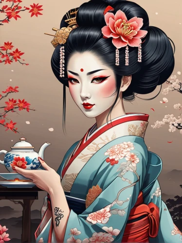 geisha girl,geisha,japanese art,oriental princess,japanese floral background,tea ceremony,oriental girl,oriental painting,japanese tea,plum blossoms,floral japanese,tea zen,japanese woman,chinese art,japanese culture,oriental,mukimono,kimono,kimono fabric,japanese style,Unique,3D,Isometric