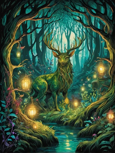 deer illustration,forest dragon,enchanted forest,druid grove,elven forest,fae,forest animal,fairy forest,stag,faun,woodland animals,fantasy picture,druid,glowing antlers,forest animals,faerie,forest of dreams,the zodiac sign taurus,fantasy art,the forest,Illustration,Realistic Fantasy,Realistic Fantasy 37