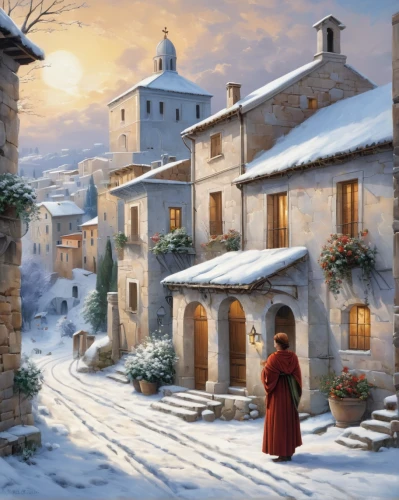snow scene,christmas landscape,winter village,alpine village,italian painter,snow landscape,italy,mountain village,snowy landscape,winter landscape,christmas snowy background,tuscan,medieval street,volterra,medieval town,italia,christmas scene,tuscany,winter background,winter morning,Art,Classical Oil Painting,Classical Oil Painting 02