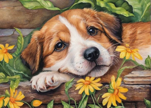 oil painting,oil painting on canvas,st bernard,daffodils,st bernard outdoor,yellow daisies,welsh springer spaniel,flower painting,pet portrait,oil on canvas,kooikerhondje,st. bernard,calendula,dog drawing,dog illustration,cavalier king charles spaniel,daffodil,sunflowers in vase,daisy flowers,daisies,Illustration,Paper based,Paper Based 09