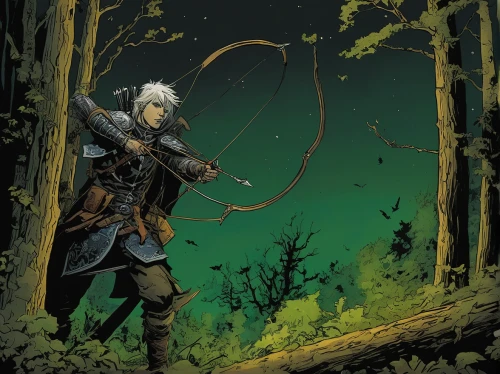 robin hood,witcher,archery,bow and arrows,archer,longbow,heroic fantasy,the wanderer,swordsman,field archery,bows and arrows,quarterstaff,male elf,hunter,newt,compound bow,fable,elven,wanderer,forest man,Illustration,American Style,American Style 06