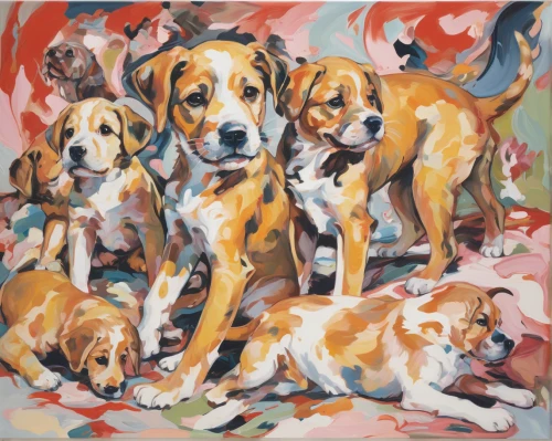 american foxhound,hound dogs,color dogs,english foxhound,three dogs,kooikerhondje,basset artésien normand,bruno jura hound,beagle,hunting dogs,welsh springer spaniel,basset hound,treeing walker coonhound,canines,bloodhound,catahoula bulldog,puppies,piebald,kennel club,doggies,Conceptual Art,Oil color,Oil Color 18