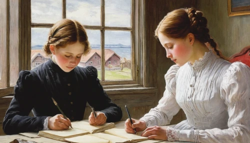 children studying,young women,two girls,school children,children drawing,tutor,girl studying,child writing on board,tutoring,children learning,young couple,autograph,the victorian era,a letter,to write,eading with hands,binding contract,little girl and mother,girl at the computer,examination,Art,Classical Oil Painting,Classical Oil Painting 12