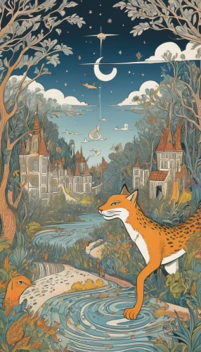 fox and hare,kate greenaway,garden-fox tail,foxes,rabbits and hares,hares,fox hunting,tapestry,hare trail,a fox,fox,children's fairy tale,wild hare,woodland animals,marmalade,thymes,deer illustration,aglais,book illustration,little fox,Art,Artistic Painting,Artistic Painting 50