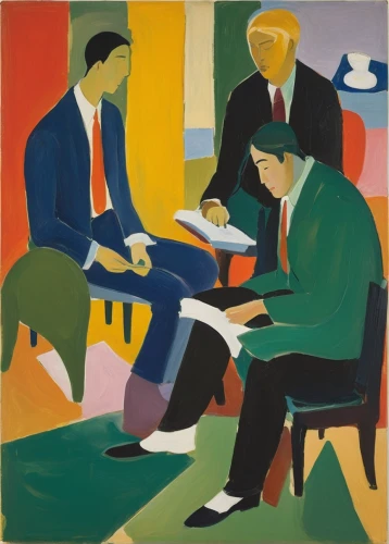 men sitting,braque francais,olle gill,a meeting,consulting room,woman sitting,businessmen,seller,postmasters,business people,barbershop,conversation,khokhloma painting,painting,children studying,musicians,tailor,roy lichtenstein,the conference,1929,Art,Artistic Painting,Artistic Painting 41