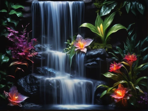 flower water,tropical floral background,tropical bloom,tropical flowers,cascading,waterfall,water fall,flowers png,a small waterfall,pond flower,splendor of flowers,exotic plants,water flower,flower painting,water plants,flower background,water feature,peace lilies,waterfalls,fountain pond,Photography,Artistic Photography,Artistic Photography 02