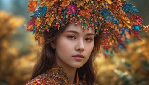 asian conical hat,inner mongolian beauty,vietnamese woman,girl in flowers,asian costume,flower hat,miss vietnam,girl in a wreath,chinese art,oriental girl,beautiful bonnet,beautiful girl with flowers,autumn background,oriental princess,autumn flower,asian woman,kyrgyz,mystical portrait of a girl,girl wearing hat,korean culture,Photography,General,Commercial