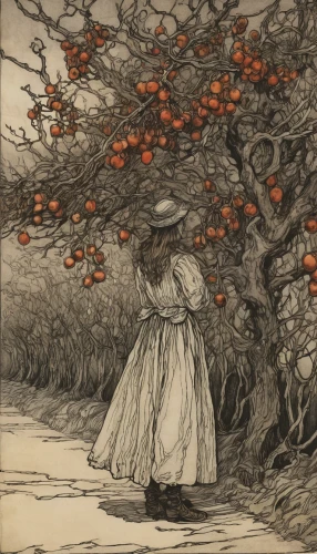 arthur rackham,girl picking apples,kate greenaway,blossoming apple tree,apple tree,cherry tree,apple blossoms,persimmon tree,apple harvest,apple blossom,apple trees,picking apple,davidson's plum,rosehips,peach tree,laurel cherry,orange tree,orchard,vinegar tree,cherry trees,Illustration,Retro,Retro 25