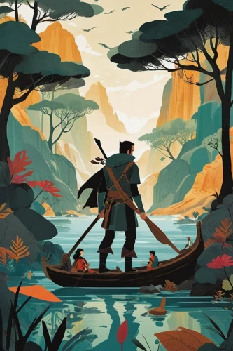 canoeing,game illustration,fisherman,adventurer,fishermen,hunting scene,game art,fishing float,monkey island,canoe,canoes,travel poster,digital nomads,kayaker,forest workers,swampy landscape,goki,boat landscape,people fishing,wander,Illustration,Vector,Vector 08