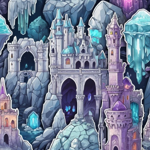 ice castle,ice cave,ice landscape,fairy tale castle,ice planet,the blue caves,water castle,fantasy city,knight's castle,blue caves,fairy village,fairy world,fantasy world,detail shot,fairytale castle,cartoon video game background,backgrounds,crystals,fairy tale icons,dungeons,Unique,Design,Sticker