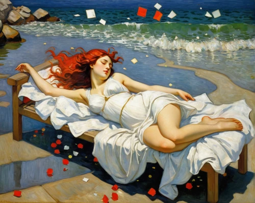 the sea maid,woman on bed,girl on the river,idyll,summer floatation,girl on the boat,honeymoon,rusalka,siren,bathing,david bates,the sleeping rose,waterbed,sun-bathing,beached,regatta,sea breeze,woman laying down,on the shore,ocean liner,Art,Artistic Painting,Artistic Painting 04