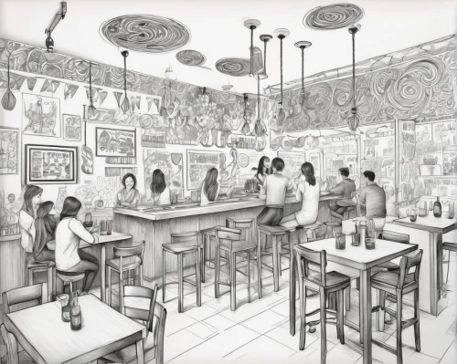 ice cream parlor,the coffee shop,a restaurant,rosa cantina,watercolor tea shop,soda shop,chinese restaurant,watercolor cafe,new york restaurant,japanese restaurant,soda fountain,taproom,coffeehouse,dining room,bistro,paris cafe,liquor bar,coffee shop,korean royal court cuisine,cafeteria,Illustration,Black and White,Black and White 30