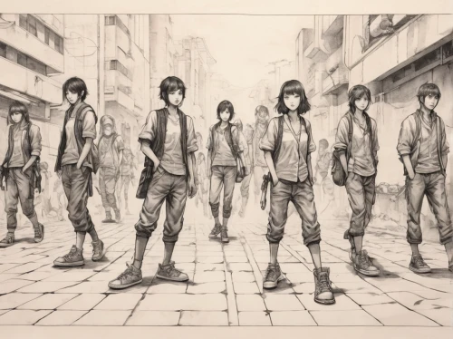 mono line art,mono-line line art,iron blooded orphans,seven citizens of the country,walkers,concept art,city youth,pedestrians,money heist,anime japanese clothing,pencils,group of people,pencil drawings,yuki nagato sos brigade,cells,line-art,game illustration,high-visibility clothing,group of real,sci fiction illustration,Illustration,Paper based,Paper Based 30
