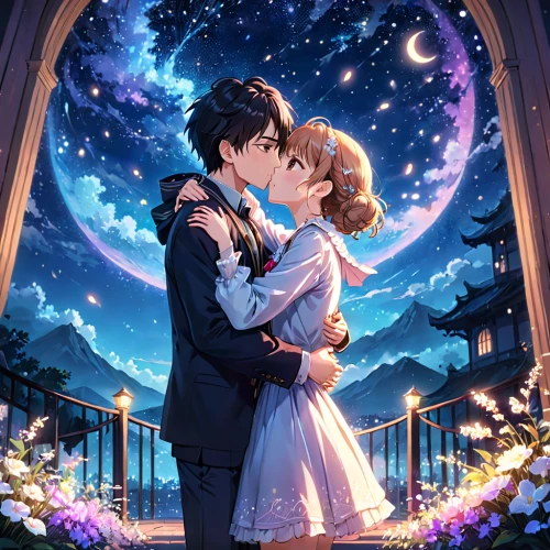 starry sky,the moon and the stars,violet evergarden,wedding couple,silver wedding,romantic portrait,wedding photo,romantic scene,moon and star background,stars and moon,the night sky,falling stars,starry,wedding frame,cg artwork,the stars,night sky,celestial event,romantic rose,bride and groom,Anime,Anime,General