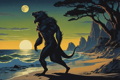 werewolf,wolfman,werewolves,howling wolf,monkey island,constellation wolf,sci fiction illustration,wolf,felidae,mowgli,triton,feral,forest king lion,sea god,canis panther,thundercat,panthera leo,god of the sea,zodiac sign leo,wolves,Illustration,American Style,American Style 05