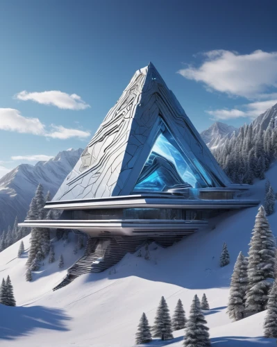 futuristic architecture,futuristic art museum,futuristic landscape,snow house,snowhotel,alpine style,snow roof,house in the mountains,sky space concept,house in mountains,snow shelter,alpine hut,snow mountain,ski resort,snow slope,russian pyramid,solar cell base,winter house,mountain vesper,ski facility,Illustration,Abstract Fantasy,Abstract Fantasy 21
