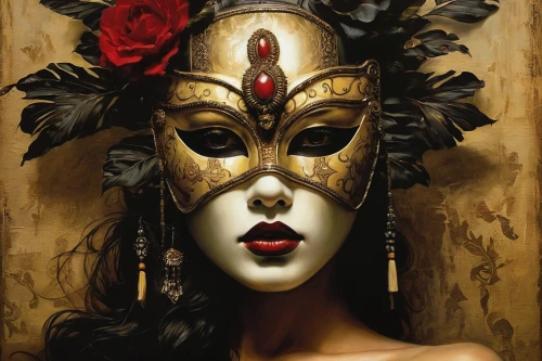 venetian mask,golden mask,masquerade,gold mask,masque,the carnival of venice,anonymous mask,headdress,queen of hearts,masks,gold foil art,wooden mask,hanging mask,mask,with the mask,decorative figure,fawkes mask,gold foil crown,death mask,geisha girl,Illustration,Realistic Fantasy,Realistic Fantasy 10