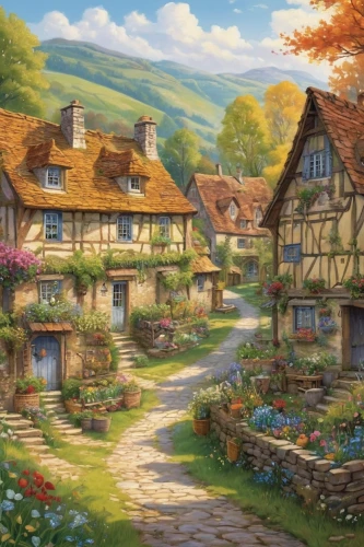 knight village,alpine village,home landscape,country cottage,mountain village,cottage garden,aurora village,village life,cottages,village scene,escher village,alsace,summer cottage,fairy village,old village,medieval town,idyllic,hobbiton,cottage,rural landscape,Illustration,Paper based,Paper Based 09