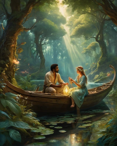 romantic scene,fantasy picture,fairytale,a fairy tale,idyll,fairy tale,garden of eden,serenade,emile vernon,fairytales,world digital painting,cg artwork,honeymoon,adam and eve,row row row your boat,enchanted,fantasy art,canoeing,raft,rowboat,Conceptual Art,Fantasy,Fantasy 05