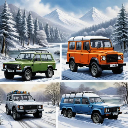 land rover series,4x4,land rover defender,land rover discovery,land-rover,land rover,lada niva,first generation range rover,toyota land cruiser,snatch land rover,mercedes-benz g-class,ford bronco ii,vehicles,uaz-452,uaz-469,suzuki jimny,jeeps,winter animals,off-road vehicles,volvo cars,Conceptual Art,Fantasy,Fantasy 30