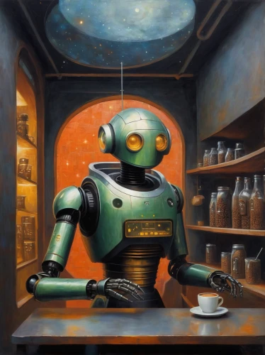 sci fiction illustration,droid,watchmaker,compans-cafarelli,industrial robot,robot in space,coffee break,the coffee shop,robots,robotic,science fiction,coffee shop,robot,meticulous painting,apothecary,coffee maker,science-fiction,coffeemaker,cybernetics,shopkeeper,Illustration,Abstract Fantasy,Abstract Fantasy 15