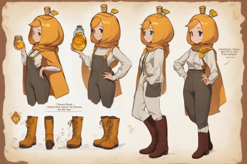 beekeeper,costume design,female hares,comic character,cinnamon girl,potato character,butternut,main character,concept art,plush boots,butternut squash,beekeepers,trench coat,beekeeper plant,nurse uniform,game character,chef's uniform,yellow beets,honeybee,satsuma age,Unique,Design,Character Design