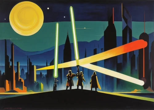 atomic age,sci fi,futuristic landscape,sci-fi,sci - fi,metropolis,travel poster,night scene,sci fiction illustration,lightsaber,art deco,searchlights,laser sword,art deco background,science-fiction,science fiction,patrols,laser,space art,star wars,Art,Artistic Painting,Artistic Painting 27